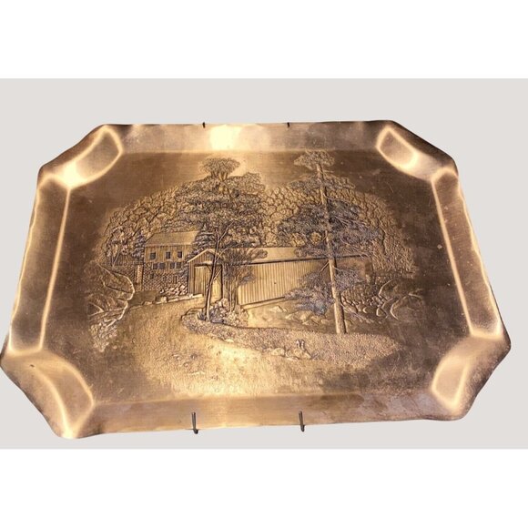 Wendell August Bronze Decorative Tray Handmade Forge Rustic Scenic 12 by 9 - Picture 1 of 10
